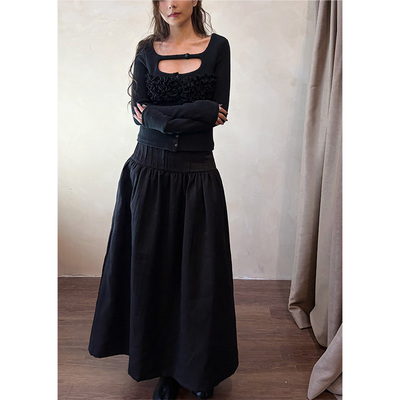 無丛 NO SERVICE 小众设计不规则压褶缎面高级黑色半裙新春