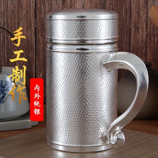銀杯子999內外純銀水杯 雪花銀保溫杯手工錘紋銀茶杯 全銀杯子男士