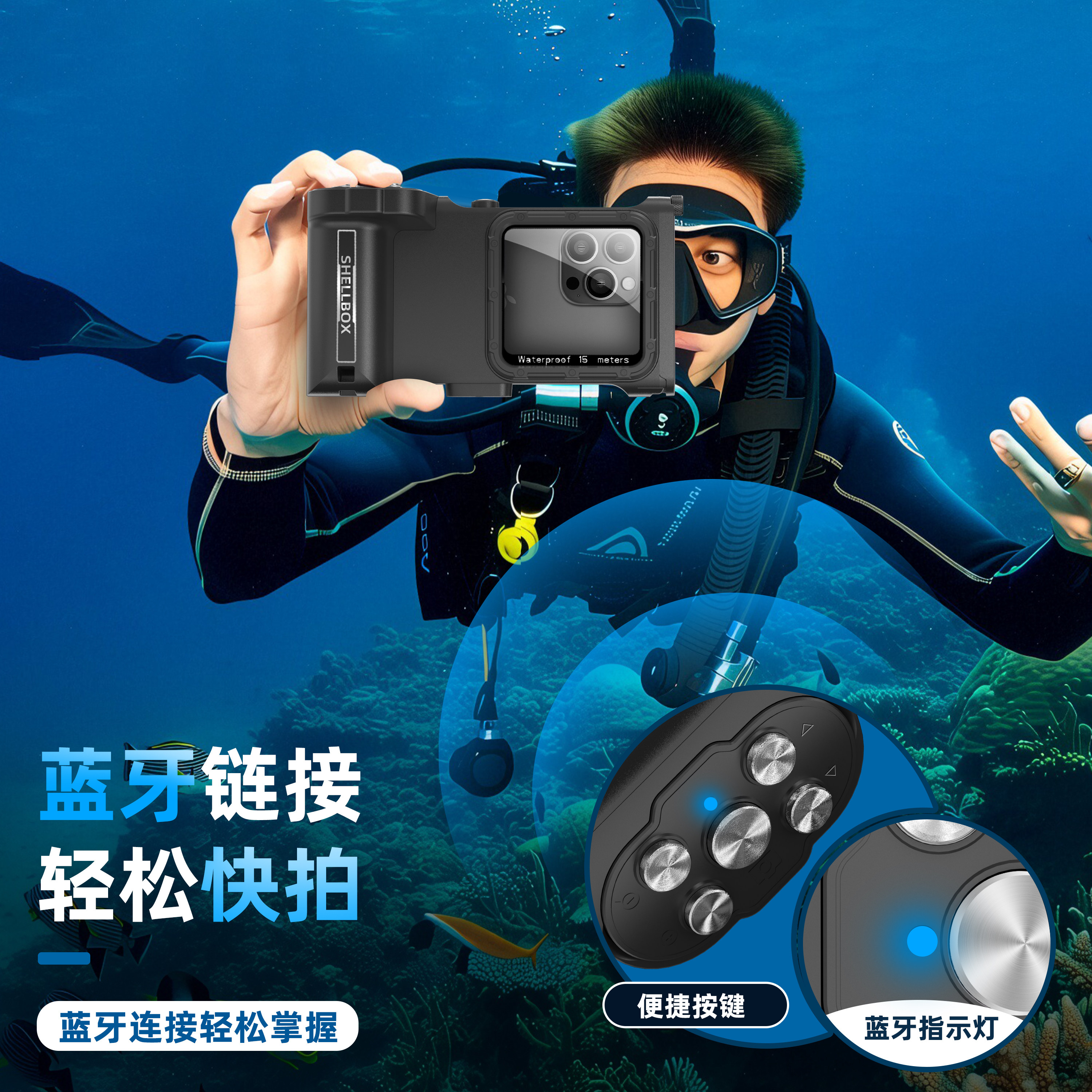 适用华为苹果15PRO/16/16PRO/17PROMAX全包防水壳三星小米专业潜水15米水下拍照游泳蓝牙链接保护套金属PC套