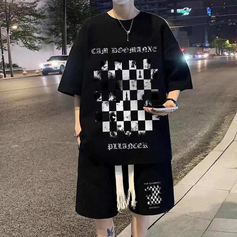 华夫格套装男夏季潮牌棋