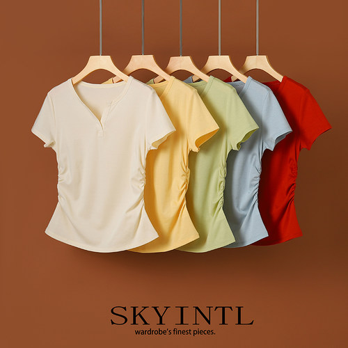 SKYINTL醋酸桑蚕丝瘦腰正肩T恤女