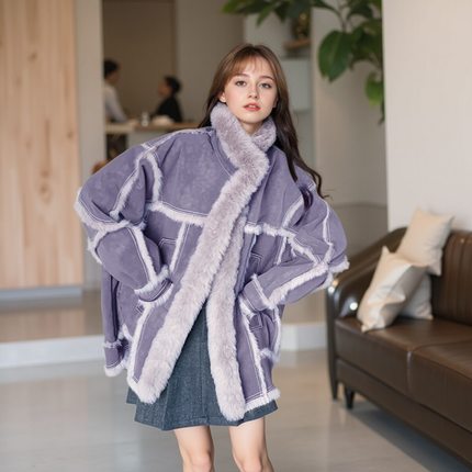 紫色皮毛一体羊羔毛外套女冬季2024新中长款时尚加绒加厚保暖棉服