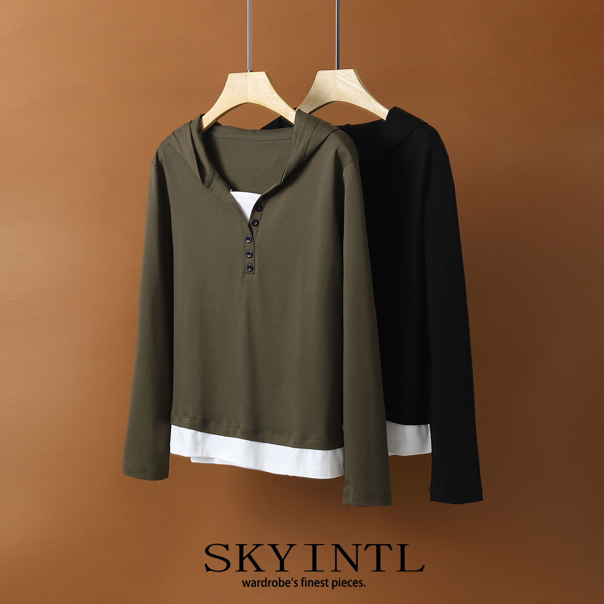 SKYINTL薄款宽松纯棉假两件卫衣
