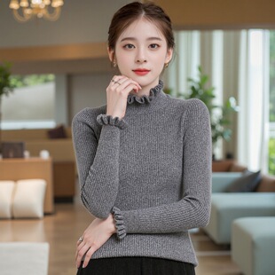 木耳领羊毛针织衫女花边荷叶边毛衣女内搭修身半高领打底衫女秋冬