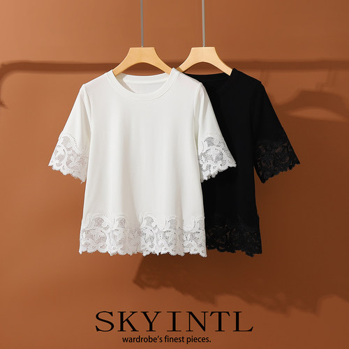 SKYINTL蕾丝水溶花短袖T恤女夏