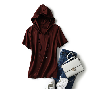 气质连帽暗紫红色上衣女薄款 时尚 丝光棉t恤女短袖 SKYINTL春夏新款
