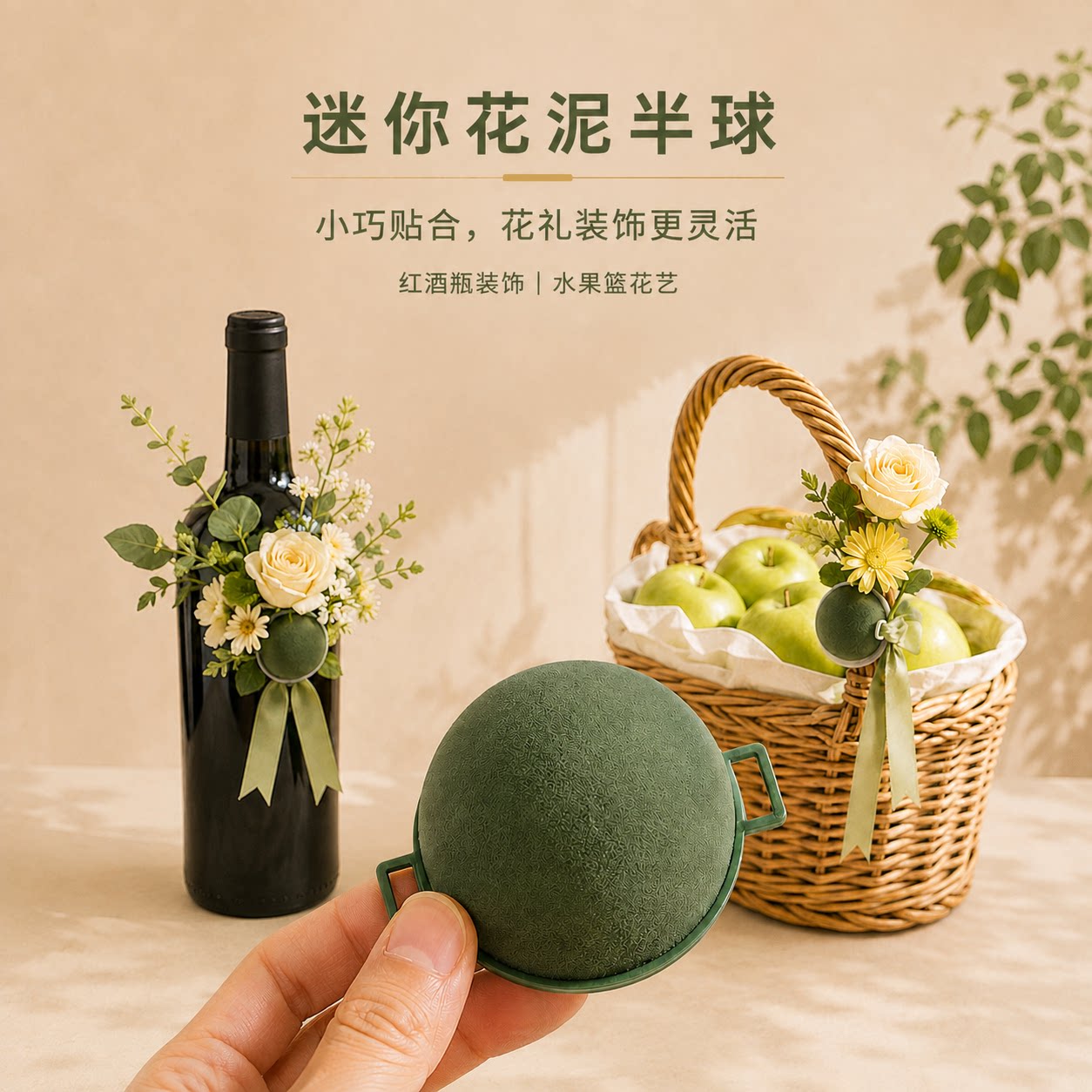 迷你随心贴红酒花篮把手插花装饰花艺创意贴半球异形插花泥鲜花泥