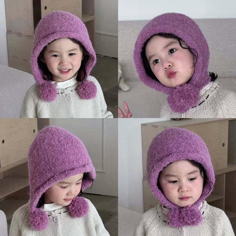 ins儿童帽子秋冬季韩系护耳帽含羊毛保暖毛线帽男女童双球帽子冬