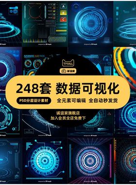 蓝色科技感数据可视化Bi大屏图表展示模板深色UI界面PSD设计素材
