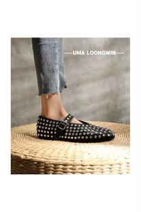 2026新款 真皮圆头水钻铆钉玛丽珍单鞋 仙女平底舒适芭蕾跳舞鞋 法式