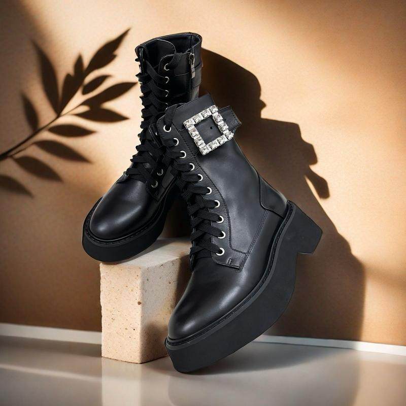 新款2024年系带马丁靴厚底切尔西英伦风明星同款水钻方扣秋冬女鞋,女鞋,马丁靴,淘宝优惠券,粉丝福利购,淘宝优惠卷