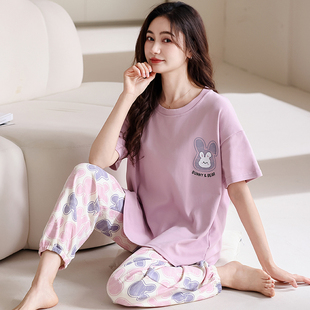 短袖 夏季 长裤 薄款 全棉可外穿家居服 浪莎纯棉睡衣套装 2025新款 女款