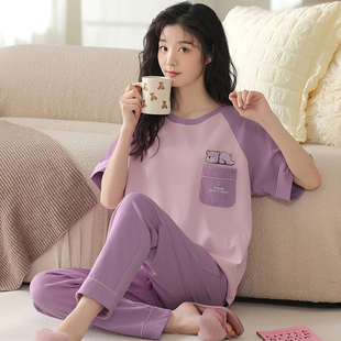 长裤 短袖 女款 大码 浪莎纯棉睡衣女士夏季 可外穿圆领家居服套装 薄款