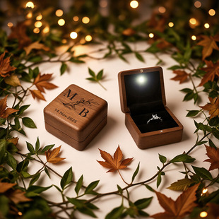 黑胡桃高档实木带灯led发光戒指盒结婚礼对戒盒可刻字创意首饰盒