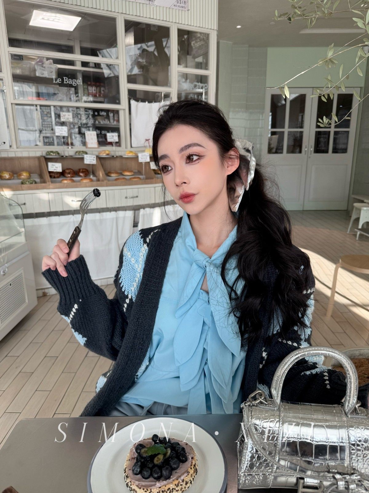 【SIMONA 1/28 20:00】蓝灰撞色格纹针织开衫女宽松显瘦毛衣外套,女装/女士精品,毛衣,淘宝优惠券,粉丝福利购,淘宝优惠卷