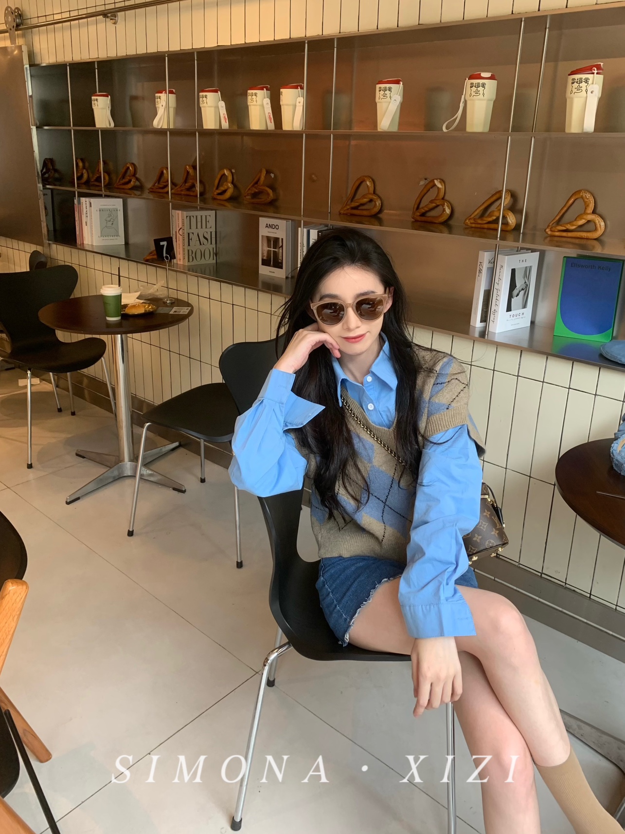 格纹短款针织背心秋款复古