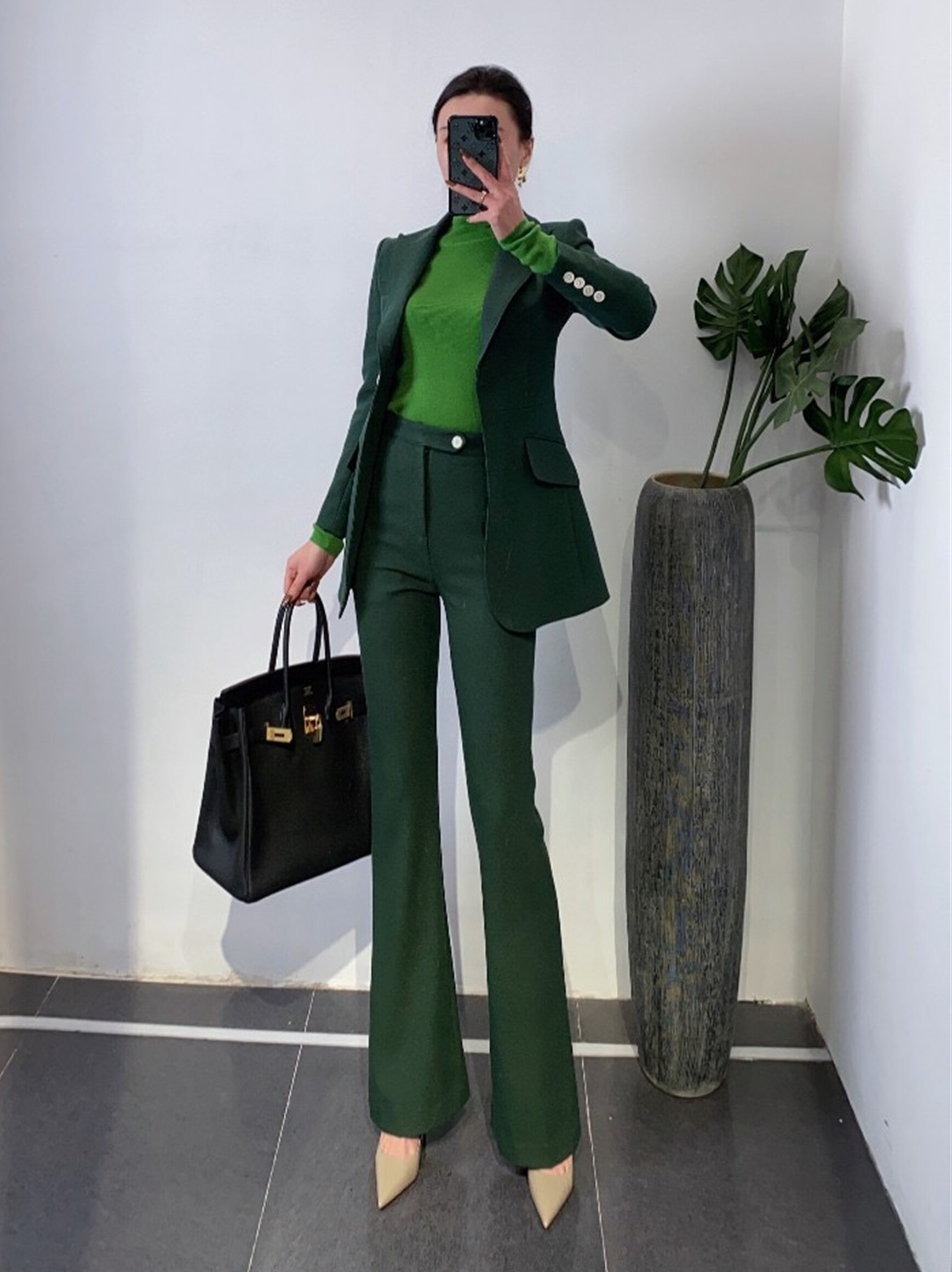 ZEROYK 고급 직업복 왕언니 여신 기질 웨이스트 슈트 부츠컷 팬츠 통근 정장 투피스 세트