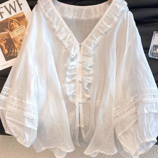 【官图实价~原版做工面料！质量】法式v领木耳边蕾丝衬衫女