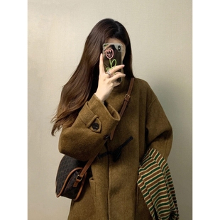 牛角扣呢子大衣女2025秋冬新款毛呢外套保暖中长款女生外套上衣潮