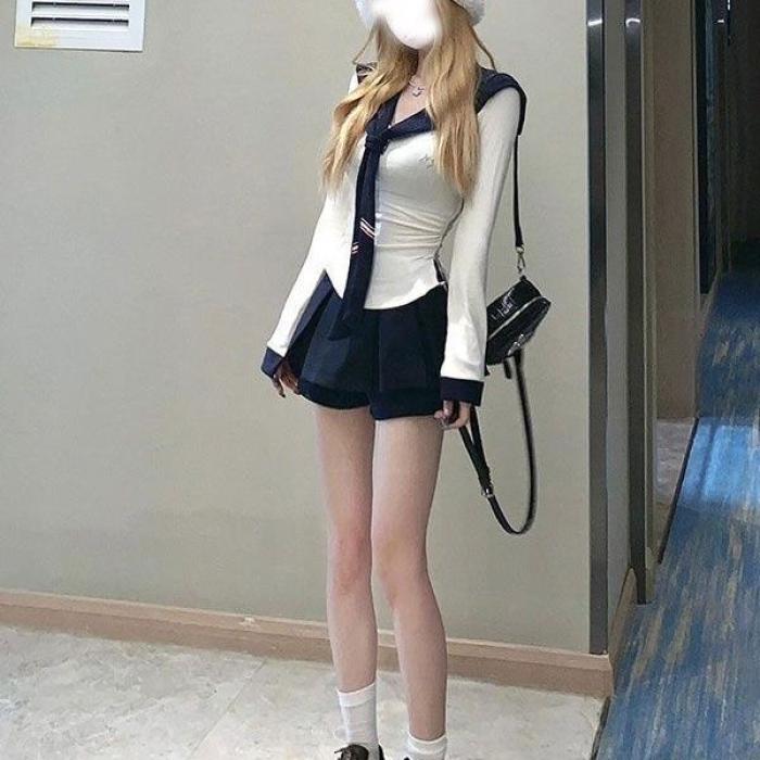 甜美减龄海军领上衣套装女秋季纯欲修身长袖打底衫掐腰显瘦半身裙