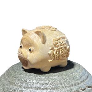 木雕黄杨木手工创意可爱招财猪家居桌面装饰木质工艺品摆件手把件