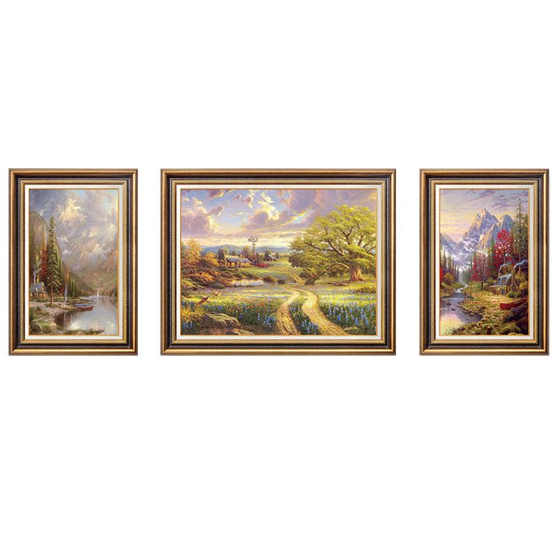 客厅装饰画美式沙发背景墙挂画风景壁画大幅玄关书房三联画欧式画
