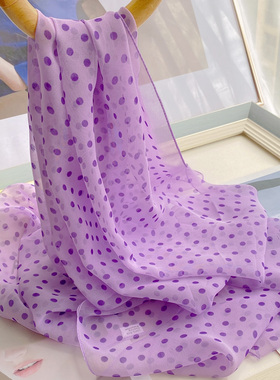 春秋百搭乔其纱波点丝巾女夏季薄款防晒披肩护颈紫色围巾长条纱巾