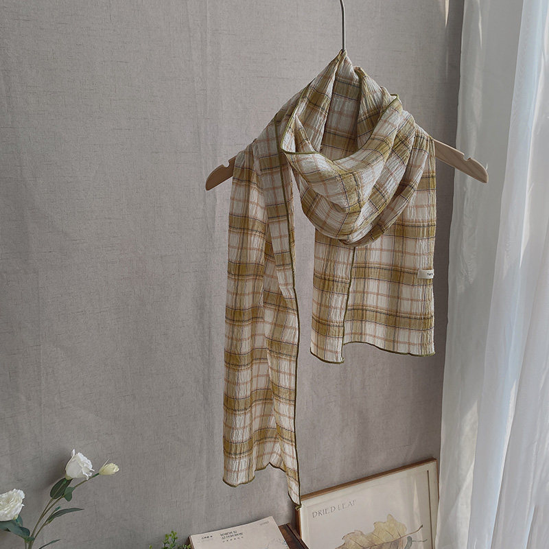日系百搭黄色复古棉麻小方格围巾女2026秋冬新款围脖护颈保暖纱巾
