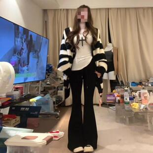 慵懒风宽松白色条纹针织开衫毛衣外套女早秋季新款中长秋上衣