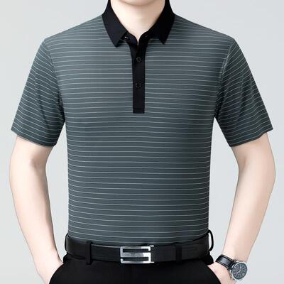 群豪2025夏季短袖桑蚕丝条纹翻领T恤男中老年爸爸免烫休闲薄款POL
