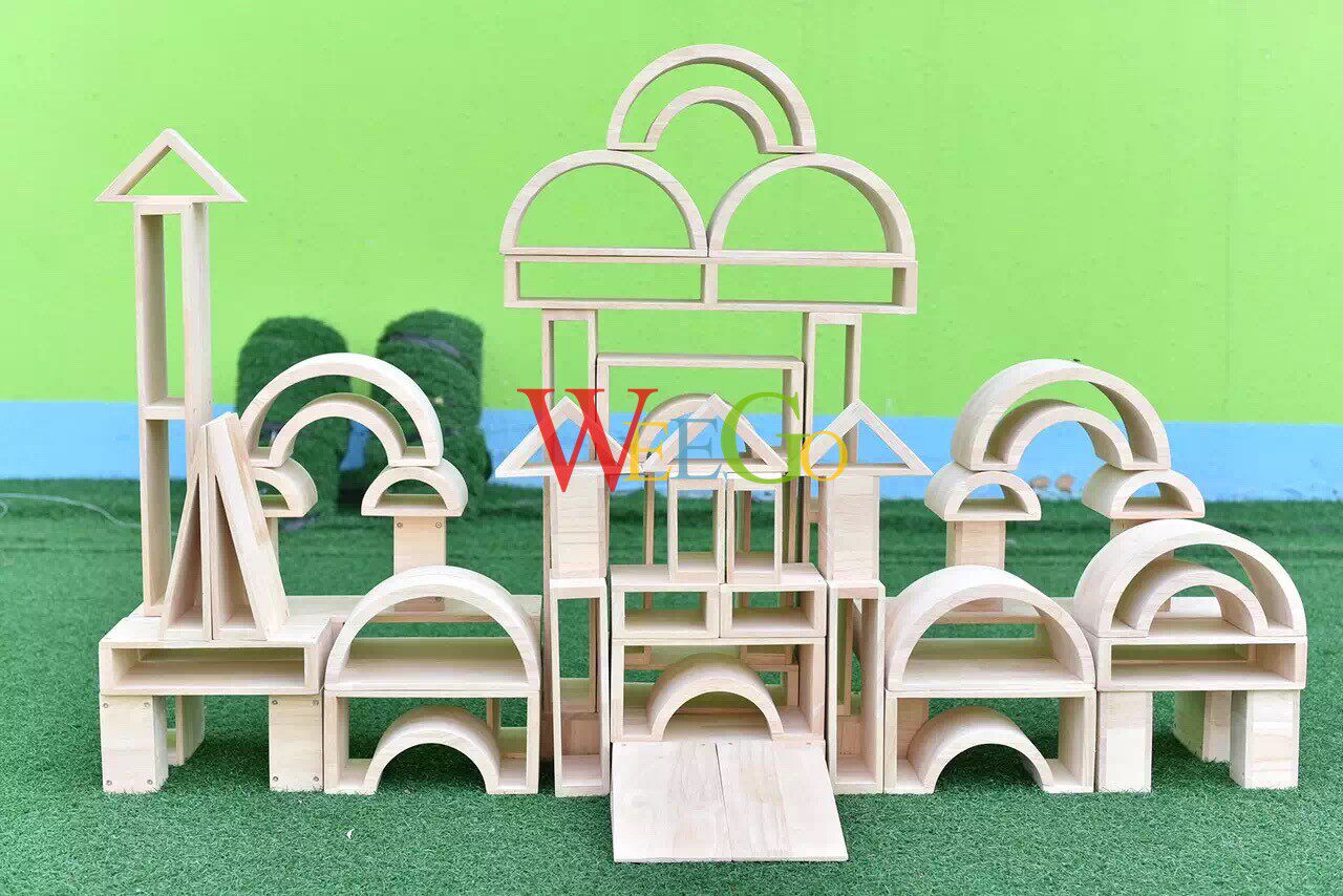 58片中空积木幼儿早教园儿童原木色58件橡胶木制搭建构大型玩具