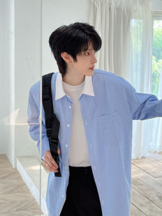 【温顺尚早】等你下课 假两件少年感条纹衬衫 休闲情侣长袖衬衫