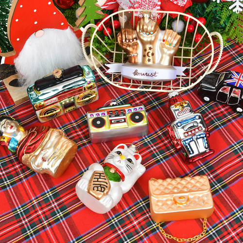 圣诞节装饰品玻璃挂饰彩绘圣诞树食物甜品日料披萨造型创意小吊饰