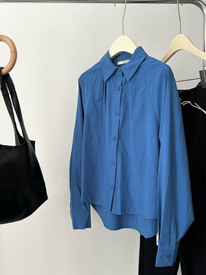KAMU新款韩系时尚简约衬衫宝蓝色百搭长袖衬衫女设计感上衣