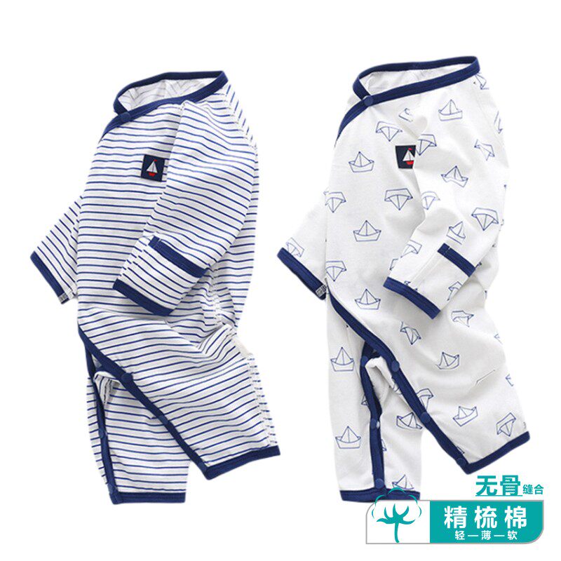 婴儿连体衣夏季薄棉无骨系带哈衣新生儿月子服初生宝宝睡衣空调服
