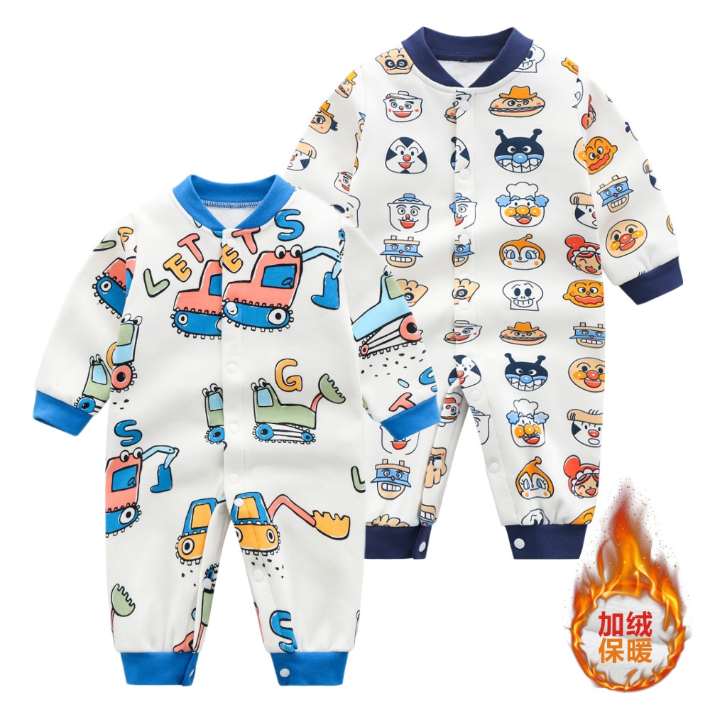 婴儿加绒保暖对开连体衣服秋冬季