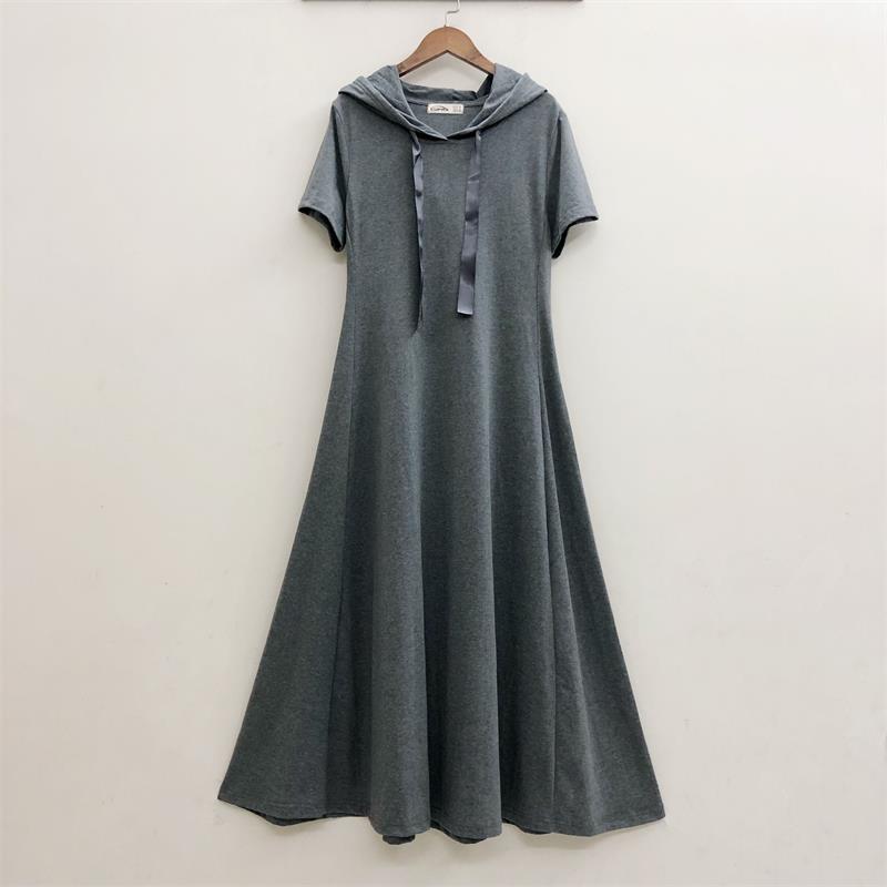 沙滩及踝裙大摆纯棉纯色连帽