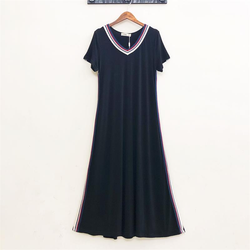 外贸原单 休闲运动V领连衣裙 莫代尔黑色显瘦大摆中长裙过膝裙女