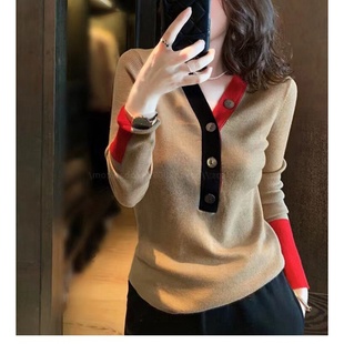 拼色领口V领套头羊毛针织衫 欧货时尚 毛衣女潮 新款 欧洲站2020春季