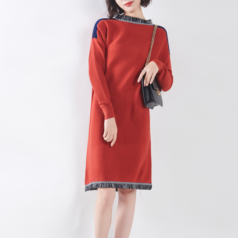 轻奢羊毛显瘦针织中长裙女装藏肉秋冬新款流苏纯色打底橘色连衣裙