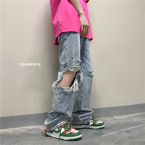 潮牌嘻哈复古宽松直筒破洞牛仔裤男士拖地裤子 903-EK58-P55 控68，男装牛仔裤，星座903