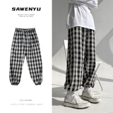 夏季清爽冰丝格子休闲裤宽松学院风阔腿裤子男903-DK25-P55控68，男装休闲裤，星座903