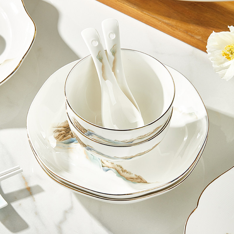 送礼陶瓷吃饭碗家用2024新款中式轻奢浮雕可微波碗碟套装碗盘餐具