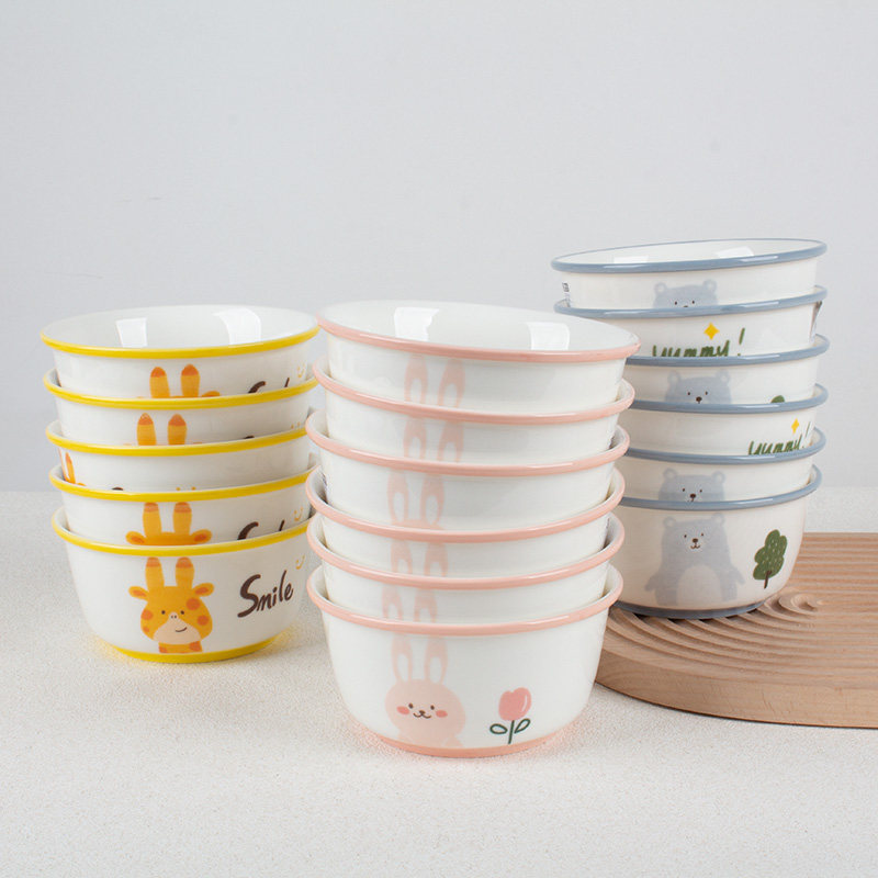 奶油风陶瓷碗家用卡通菜盘子可爱米饭碗汤碗釉下彩儿童餐具耐高温