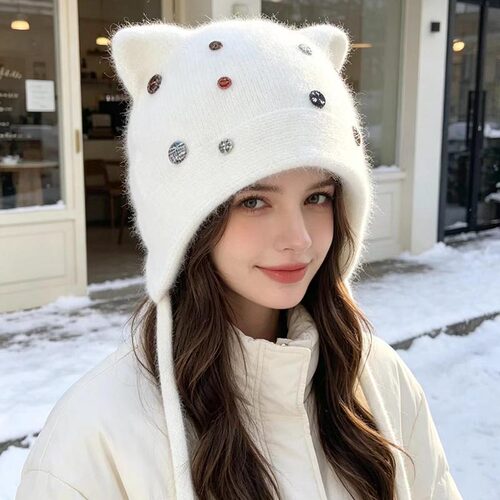 秋冬可爱猫耳兔毛护耳针织帽女彩色纽扣装饰保暖毛线帽防寒系带帽