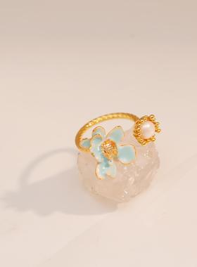 中古风vintage清新蓝色滴釉小花戒指开口可调节淡水珍珠个性指环