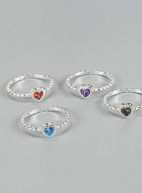 日韩系通体S925纯银爱心麻花戒指女小清新开口可调节多色锆石指环