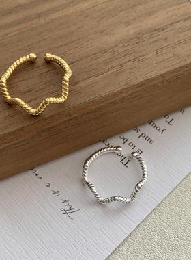 欧美INS极简风通体S925纯银戒指个性麻花波浪纹理复古指环女生