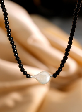 巴洛克天然 淡水珍珠吊坠 黑玛瑙时髦小众串珠项链个性百搭锁骨链