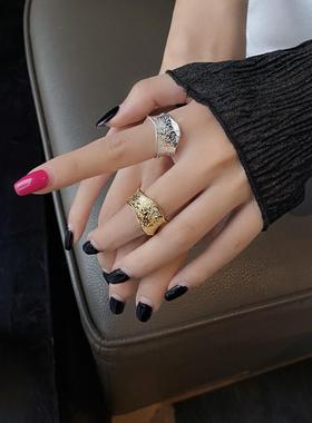 欧美小众性冷淡风捶纹凹面肌理凹凸锡纸戒指s92纯银开口银饰戒指